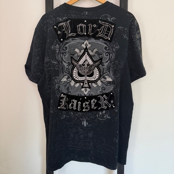 Mens Black Ace Skull Raw Blue Graphic T Shirt Lord Raiser Rhinestone Embellished - Picture 3 of 6